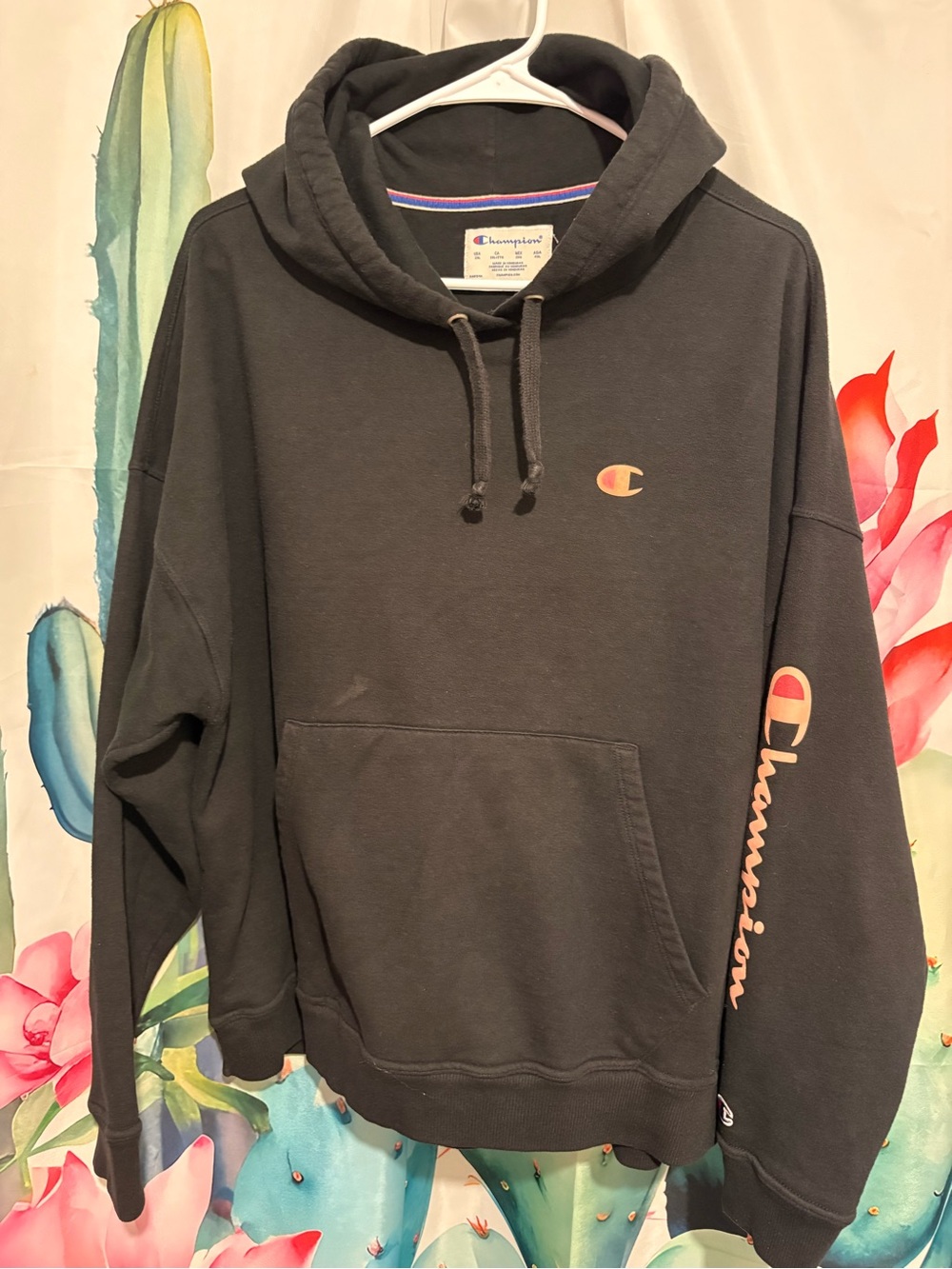 Champion Powerblend Hoodie Women’s 2XL Black 2 tone Pink Script Sleeve